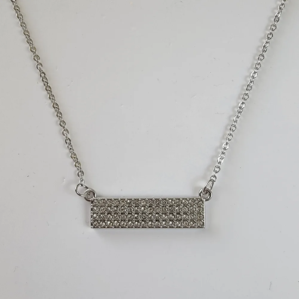 Pave Bar Necklace Silver Tone Clear Diamond Rhinestones Iced Out
